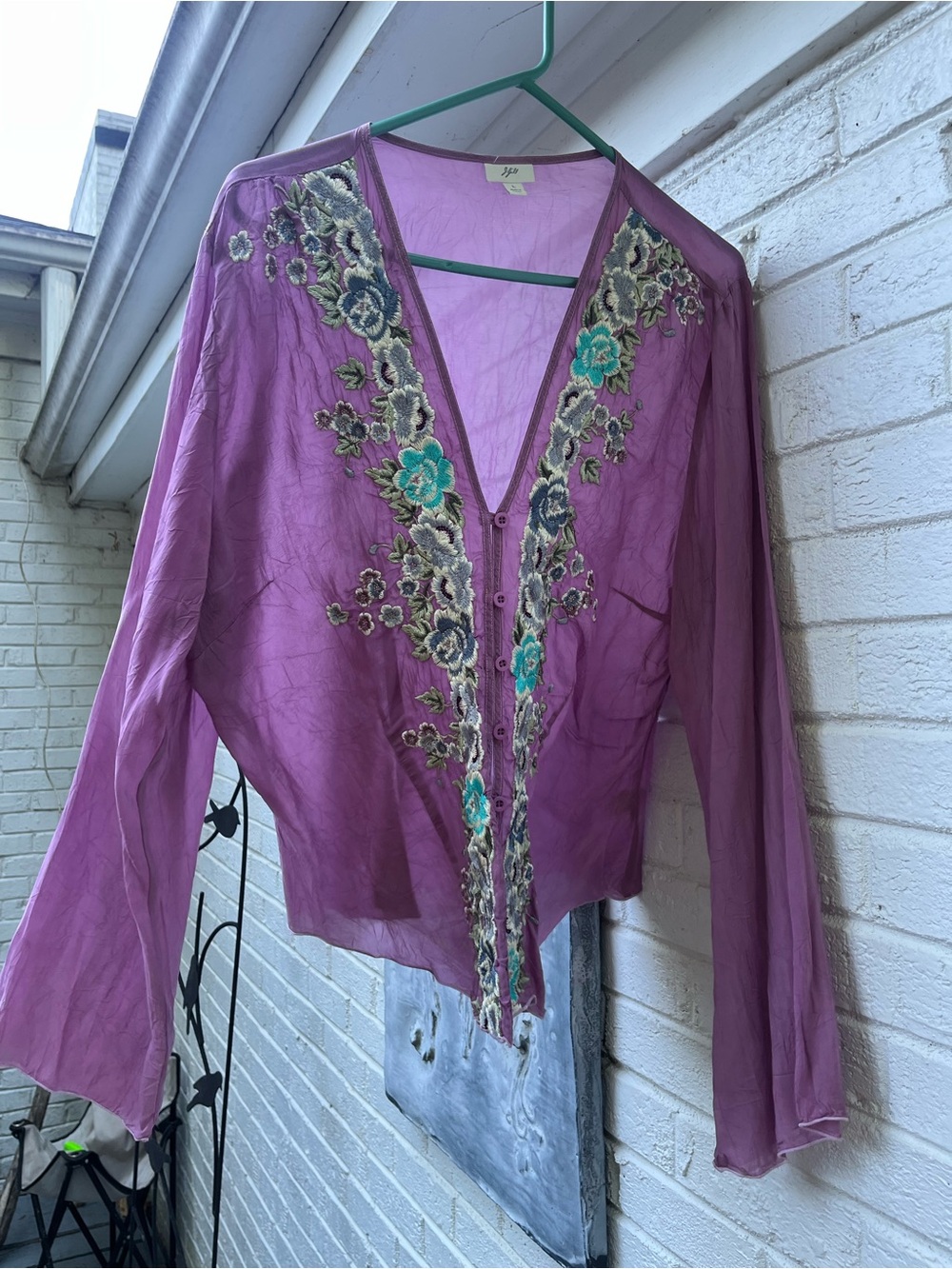 J. Jill Purple Sheer Embroidered V-Neck Blouse with Teal Accents